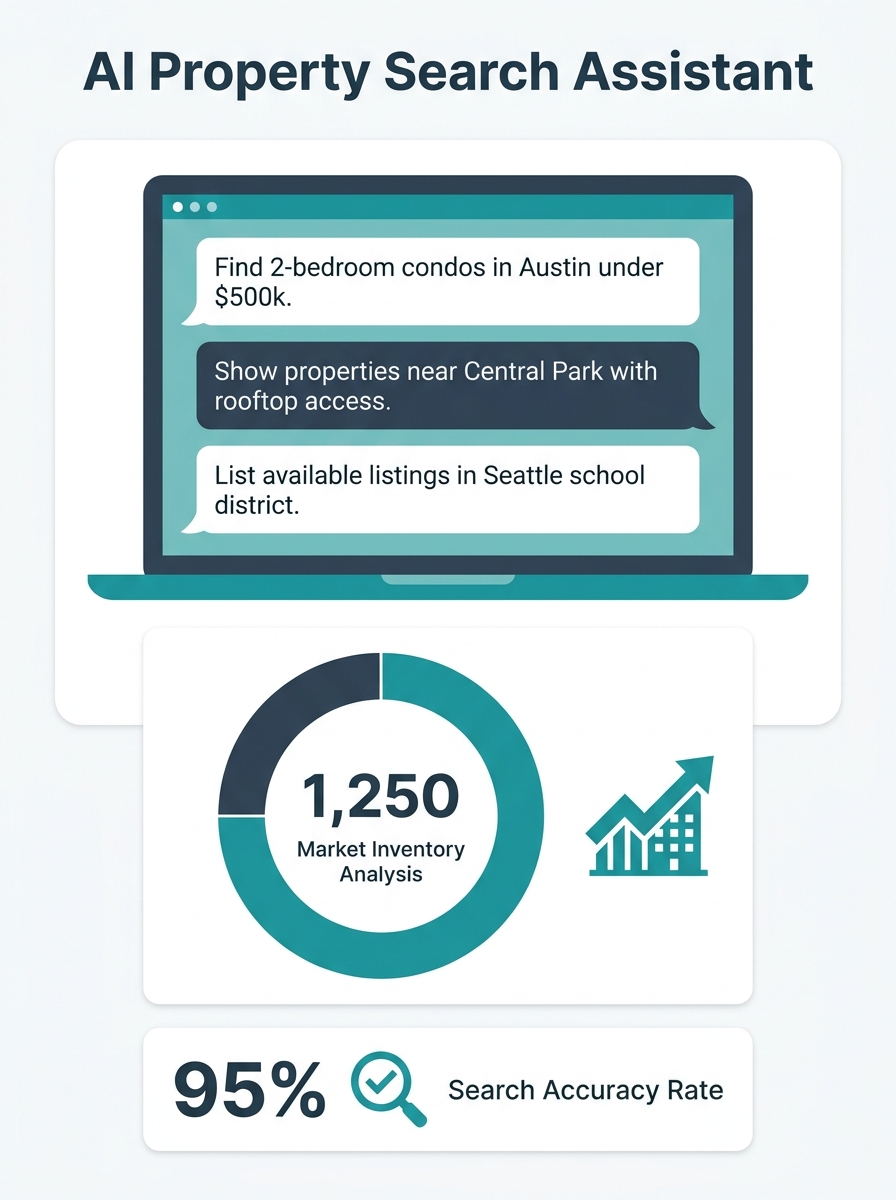 AI assistant interface showing natural language property search commands on laptop screen with real estate data visualizations