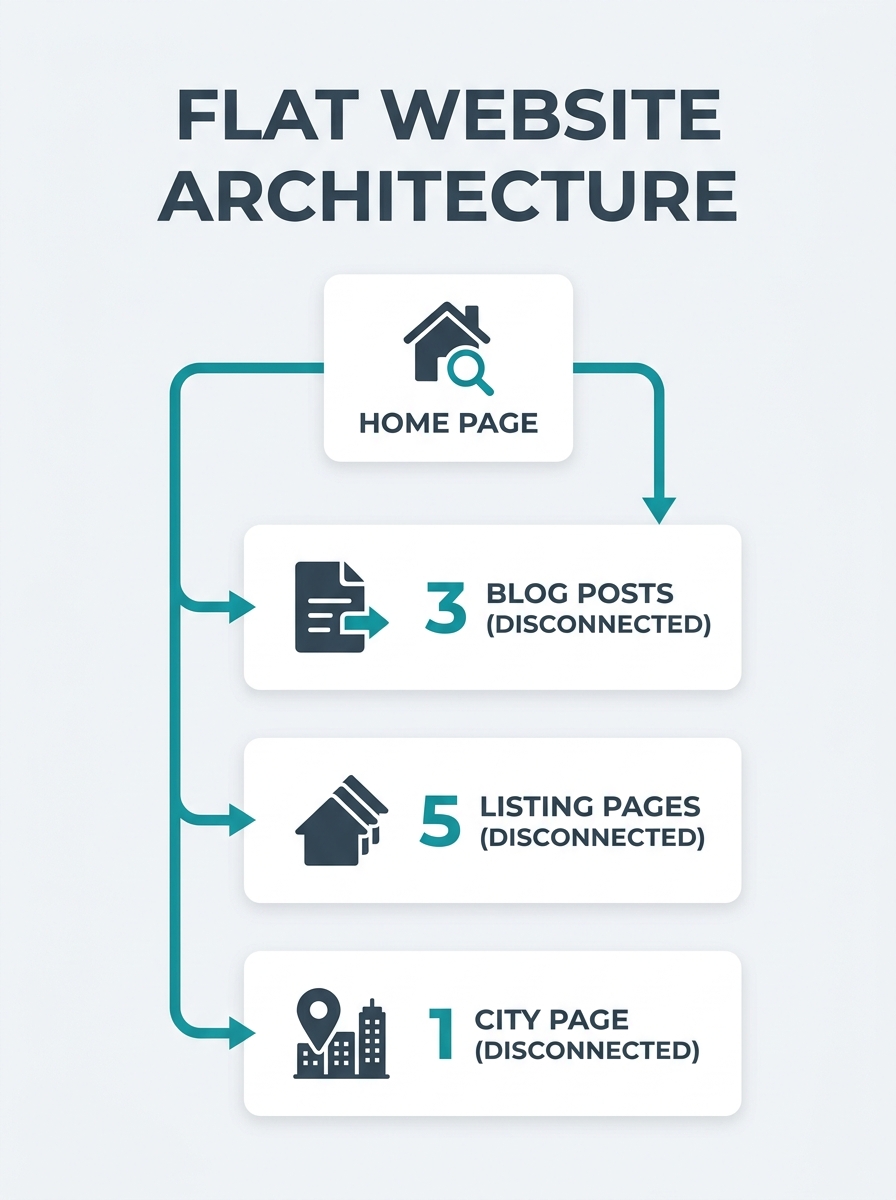 diagram showing a flat real estate website architecture with disconnected blog posts, listing pages, and a single city page, with no cross-links between them