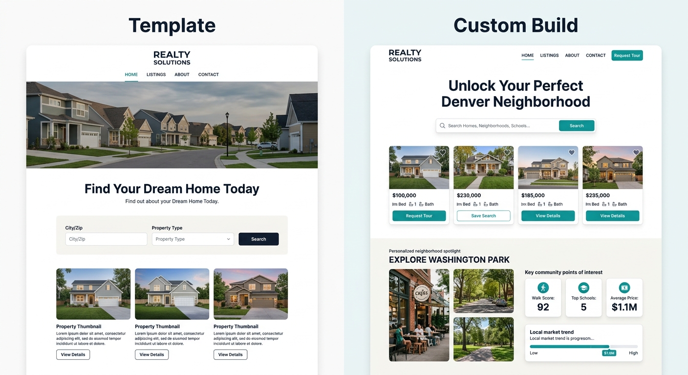 A side-by-side comparison showing two website mockups — one labeled "Template" with a generic hero image and standard layout, and one labeled "Custom Build" with strategic CTA placement, integrated ID