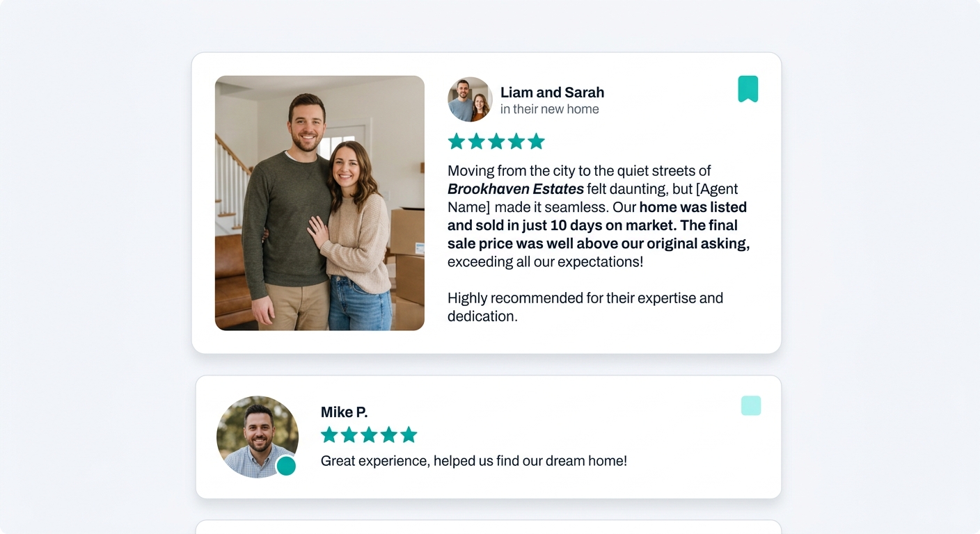 example real estate testimonial card showing a client photo, star rating, and a detailed review mentioning a specific neighborhood name, days on market, and sale price above asking, compared to a gene
