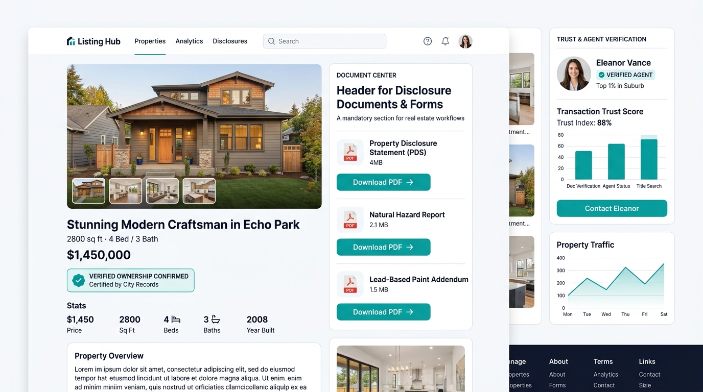 a real estate website mockup showing a property listing page with a verified ownership badge, a document download section with disclosure PDFs, and a trust verification indicator in the sidebar