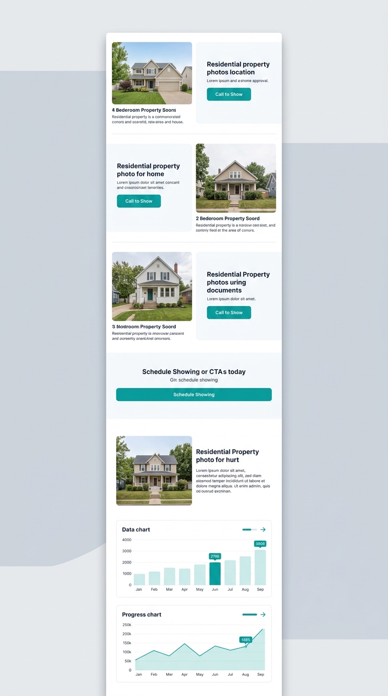 A vertical mockup of a narrative scroll listing page showing alternating property images and CTA blocks with a Schedule Showing button positioned between the third and fourth photos