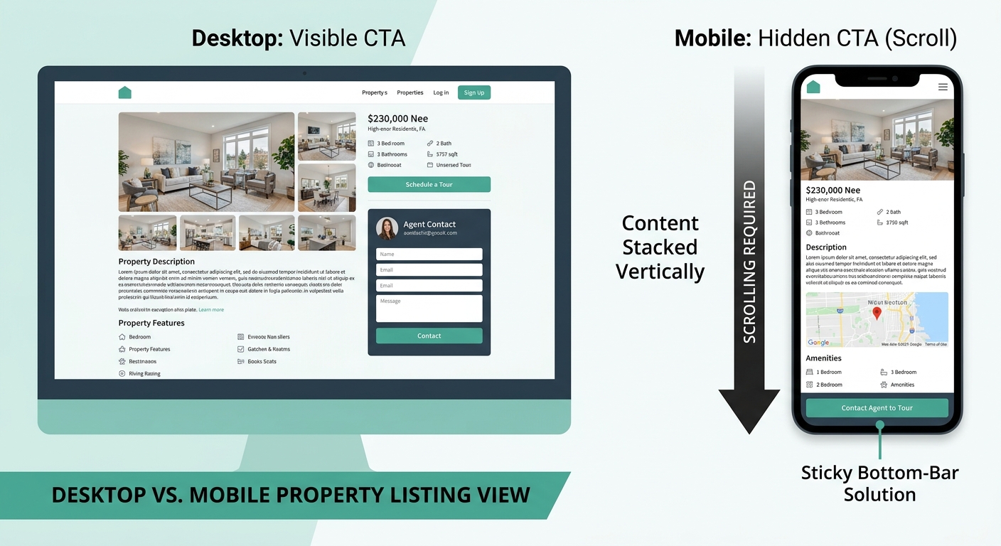 Side-by-side comparison of a property listing page on desktop versus mobile, showing how a CTA visible at a glance on desktop gets pushed below multiple scroll-lengths of stacked content on mobile, wi