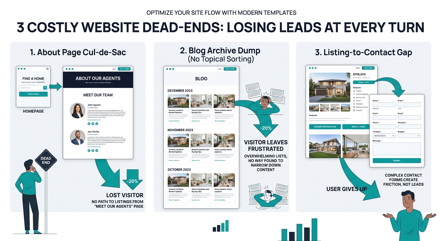 Diagram of three dead-end navigation paths on a real estate website template, showing the About Page cul-de-sac, the Blog Archive dump with no topical sorting, and the Listings-to-Contact gap, with ar