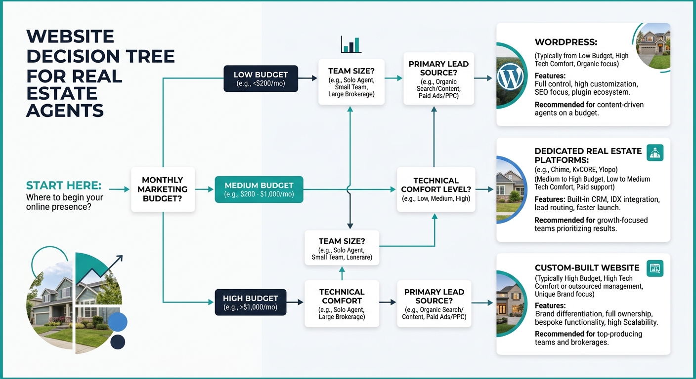 Infographic decision tree for real estate agents choosing between WordPress, dedicated platforms, and custom-built websites, with branching paths based on monthly marketing budget, team size, technica