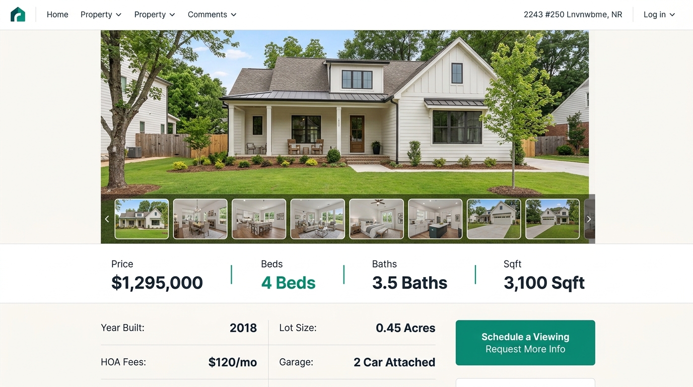Screenshot-style illustration of a listing page showing a property photo gallery at top, a price and bed-bath-sqft bar beneath it, followed by a clean two-column data grid with year built, lot size, H