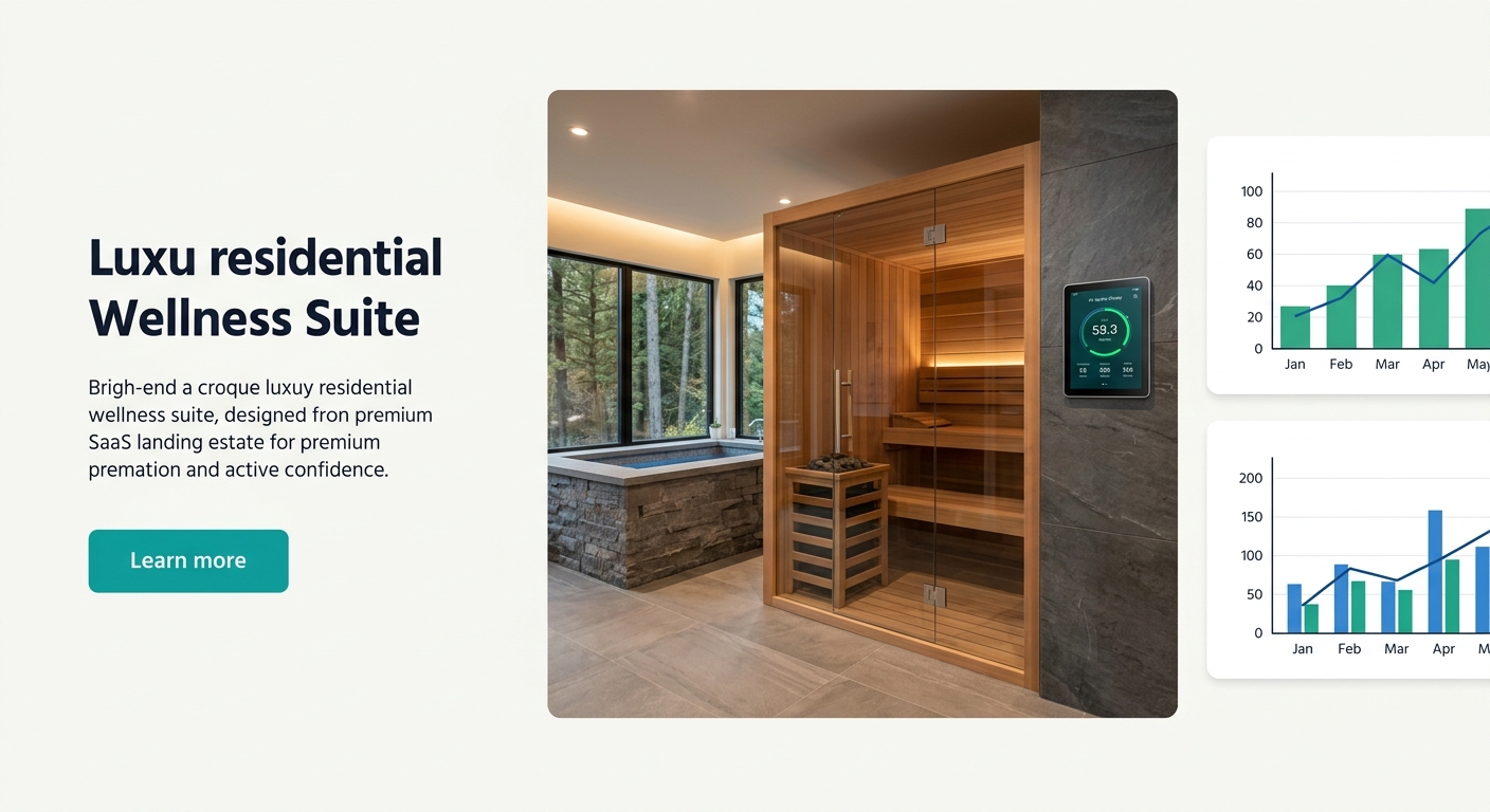 A luxury home's wellness suite showing a cold plunge pool beside a sauna, with floor-to-ceiling windows overlooking nature, ambient circadian lighting set to warm tones, and a digital air quality disp