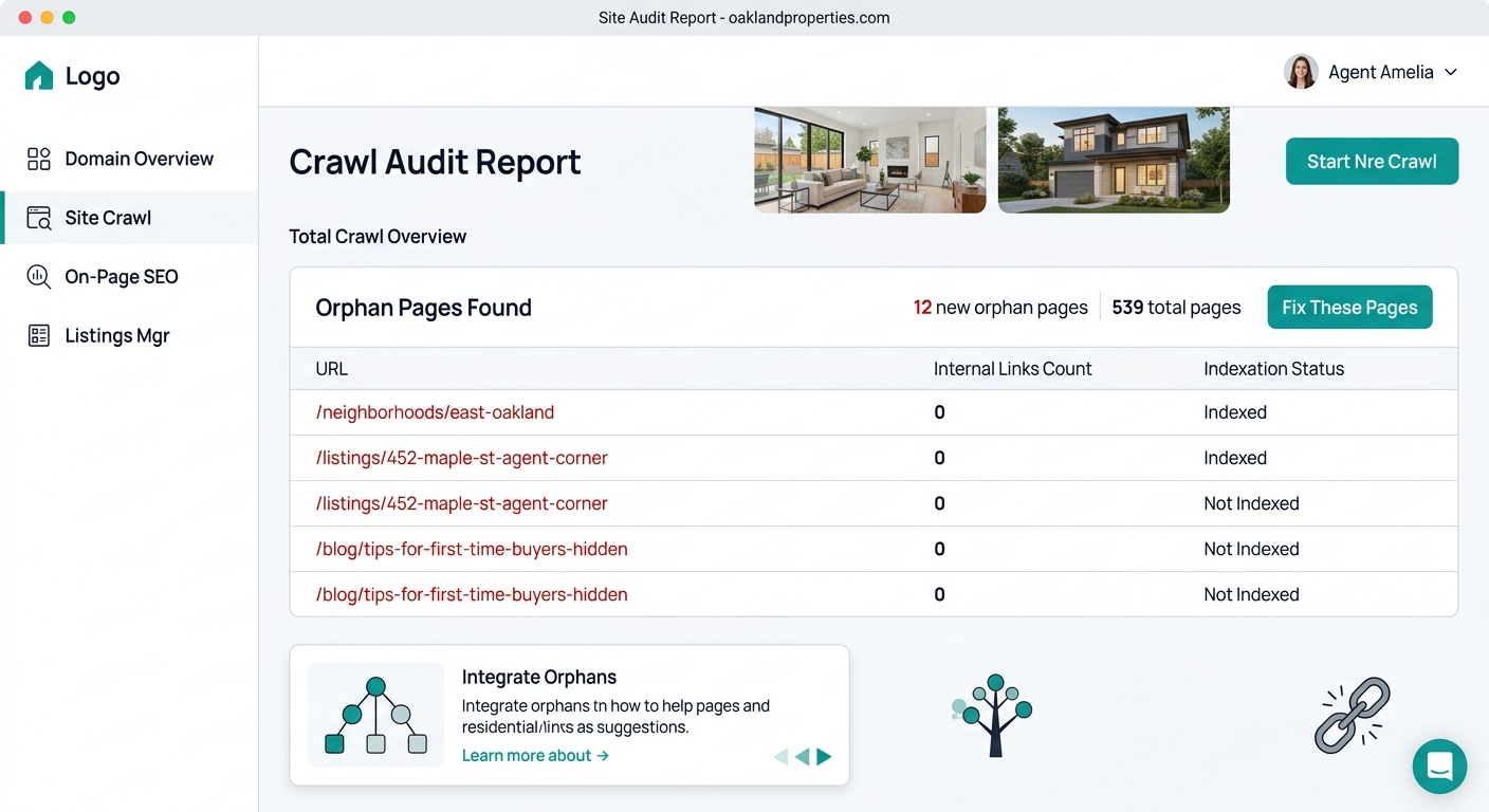screenshot-style illustration of a crawl audit report showing orphan pages highlighted in red, with columns for URL, internal links count (showing zeros), and indexation status