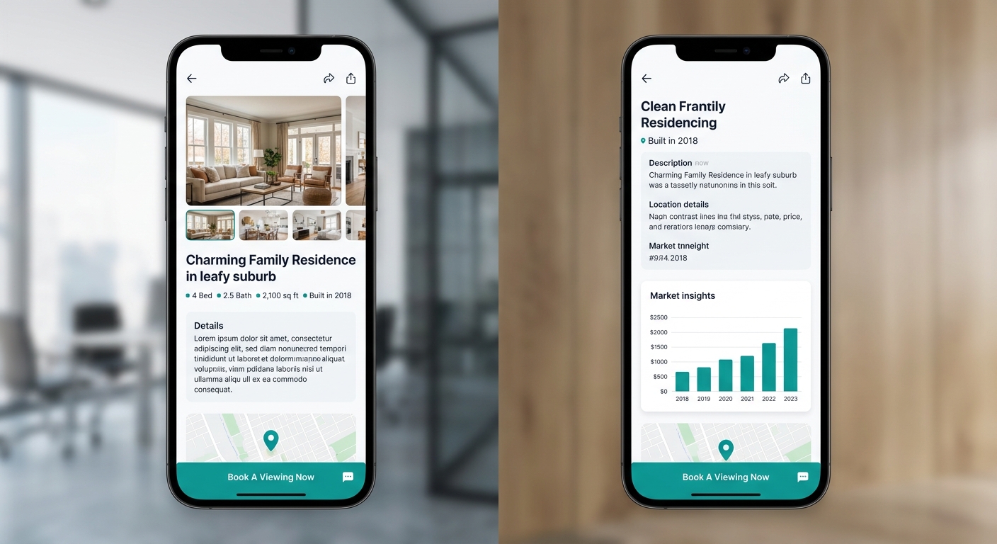 A mobile phone mockup showing a property listing page with a sticky CTA button visible at the bottom of the screen as a user scrolls through property photos and key details