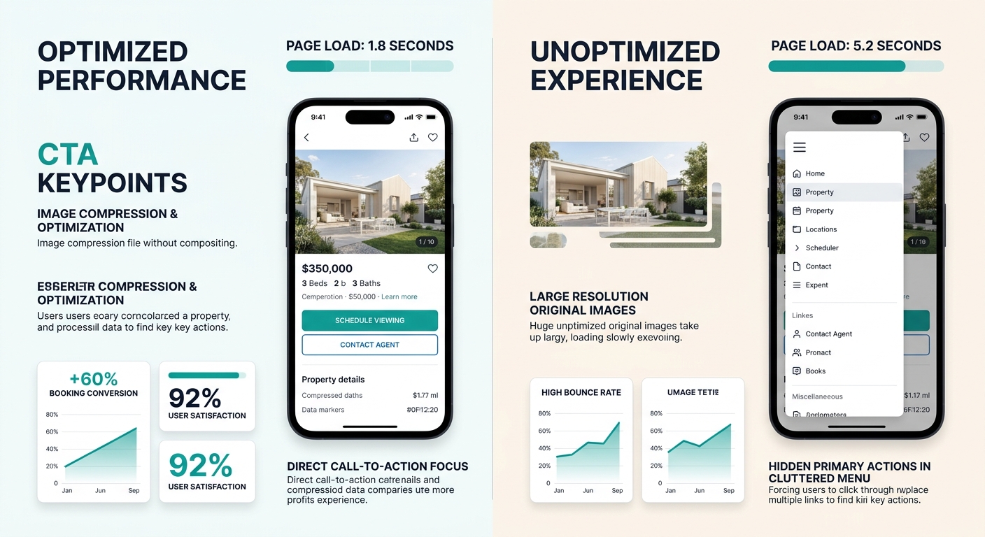 Side-by-side comparison of a mobile real estate listing page loading in 1.8 seconds with optimized images and clear CTA buttons versus the same page loading in 5.2 seconds with unoptimized images and 