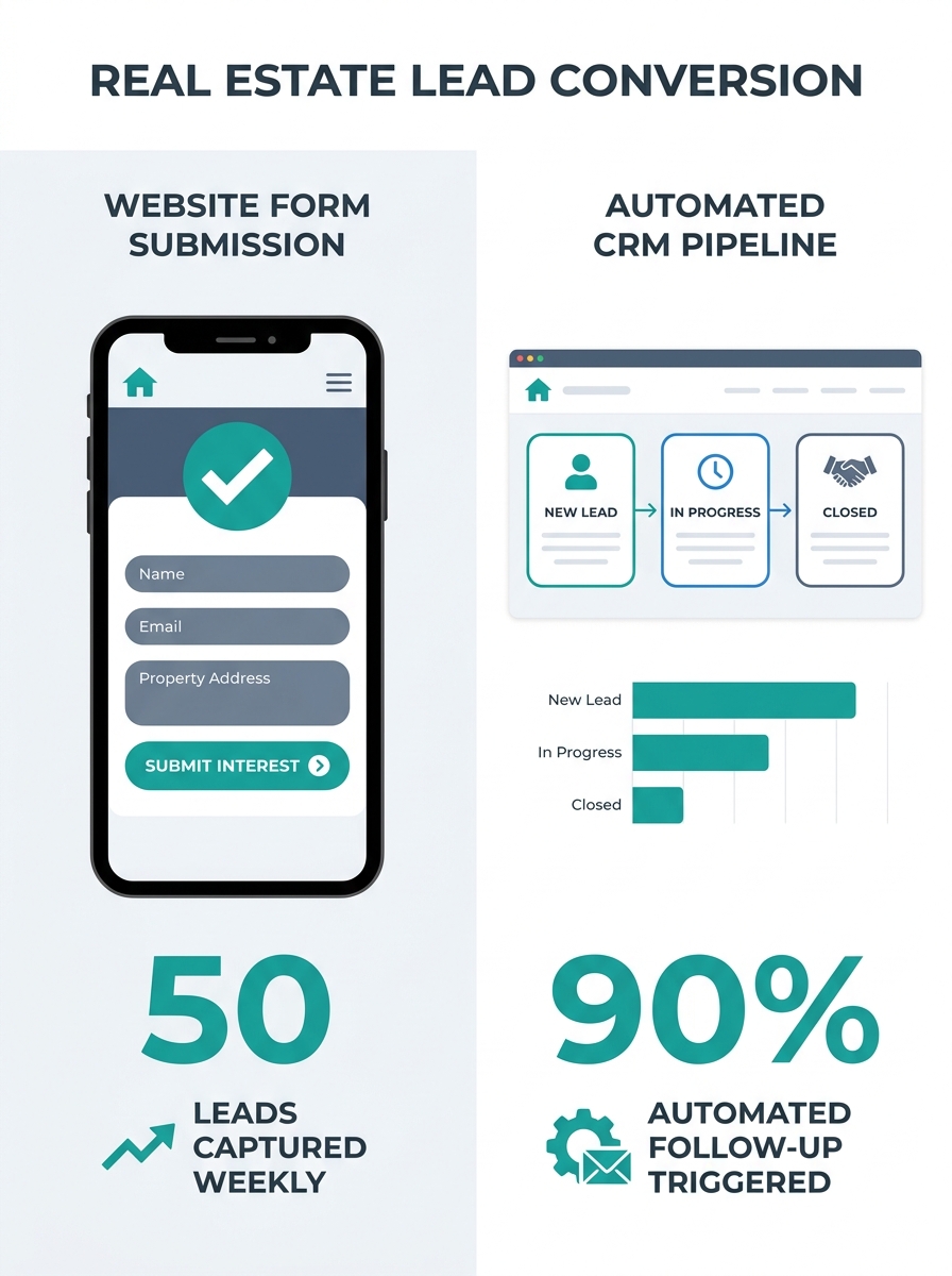 Split-screen comparison showing real estate investor website form submission on phone screen next to CRM pipeline dashboard with automated follow-up sequence triggered