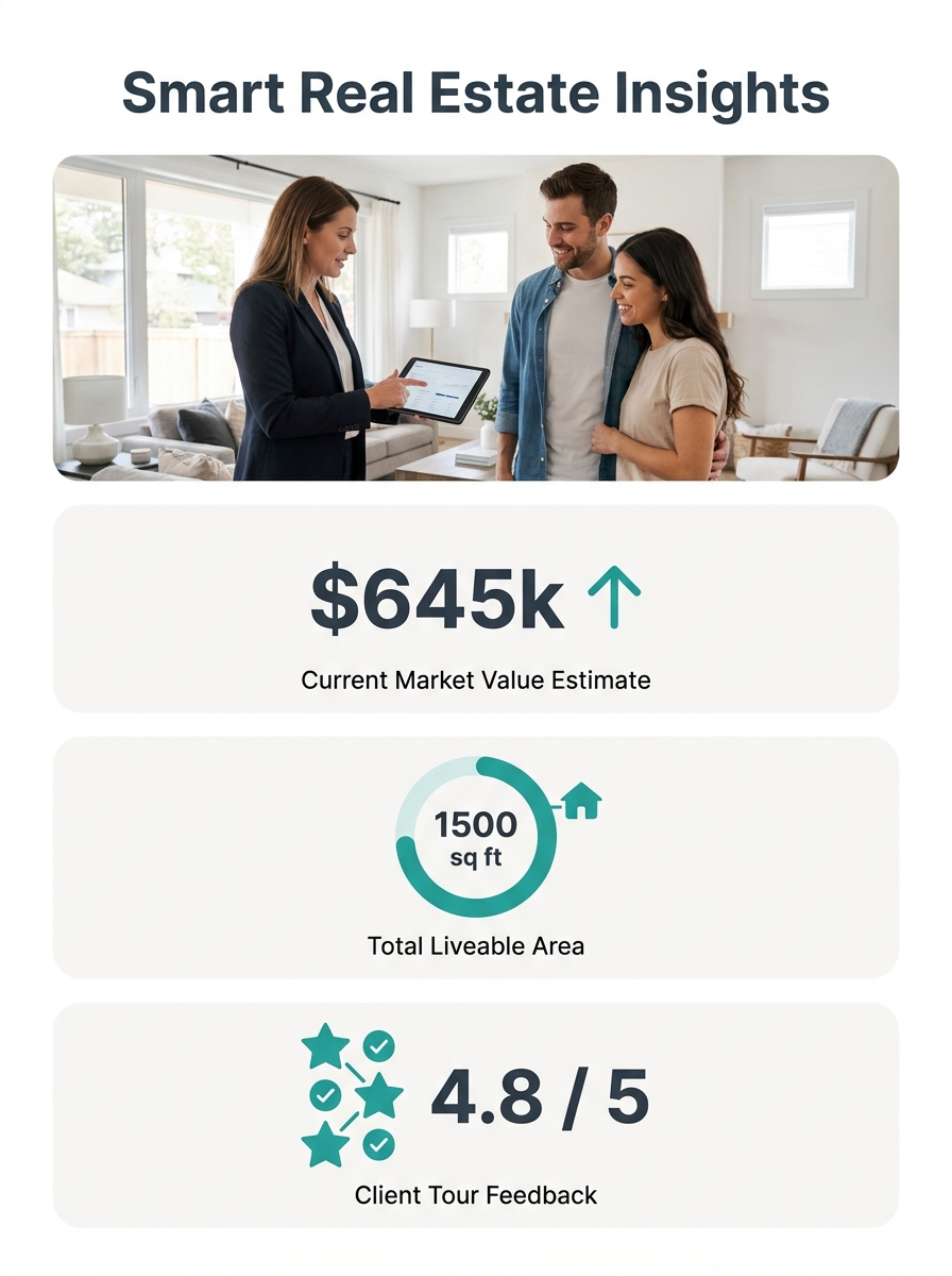Real estate agent reviewing property data on tablet with young couple during home tour