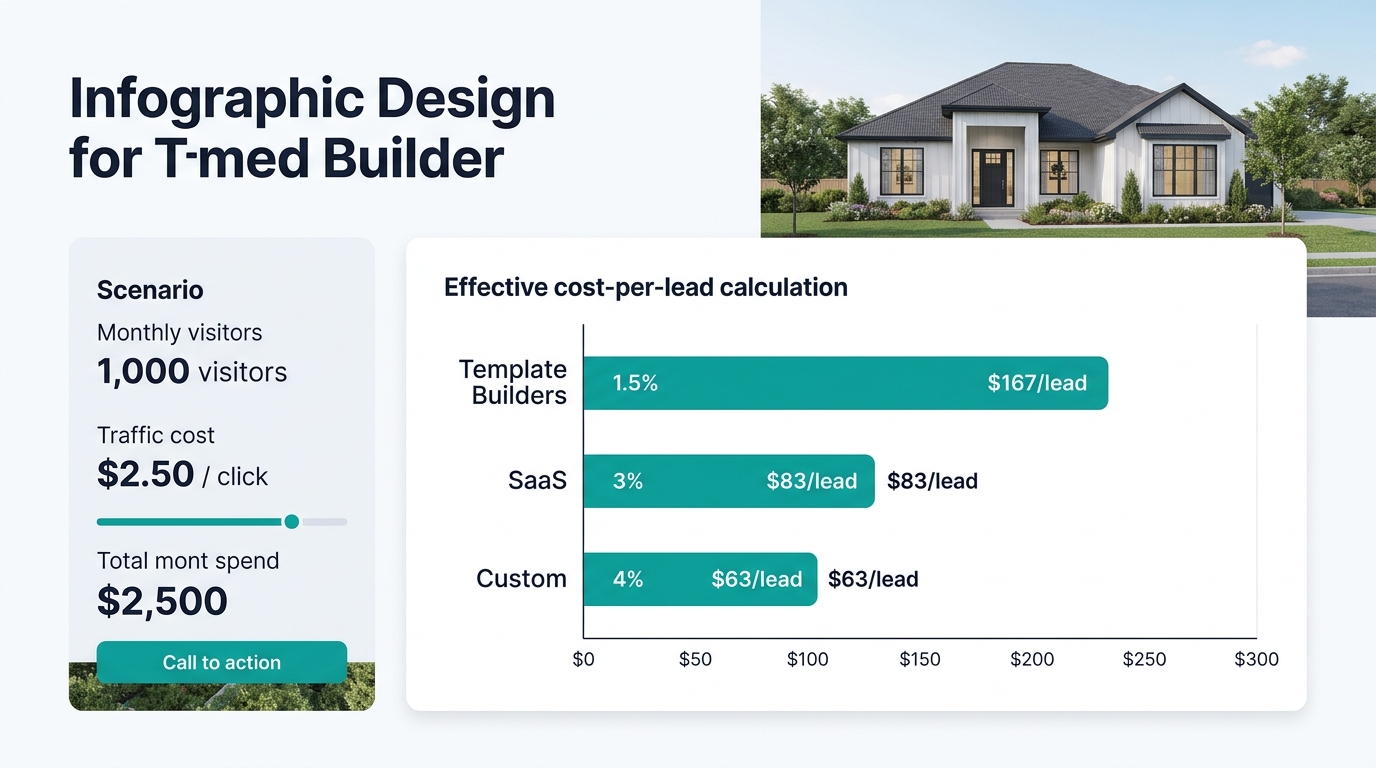 An infographic showing the effective cost-per-lead calculation for each builder type, using a sample scenario of 1,000 monthly visitors at $2.50 per click, with template builders at 1.5% conversion ($