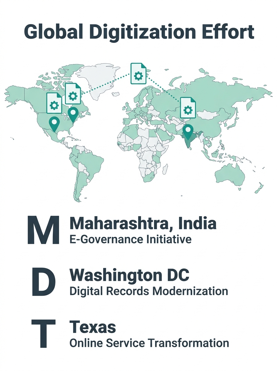 a world map showing three pinned locations (Maharashtra India, Washington DC, and Texas) with digital document icons connected by dotted lines, representing simultaneous government digitization effort