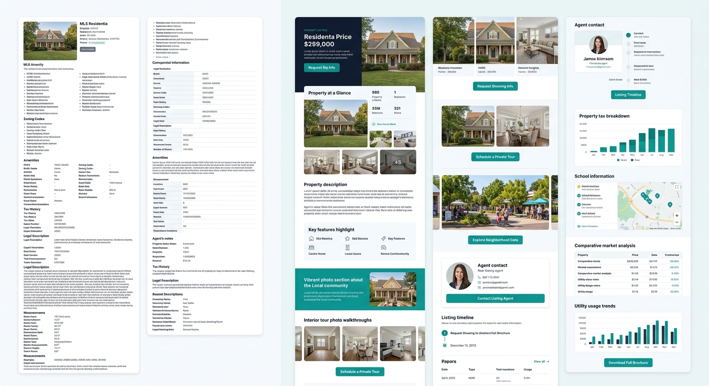 Side-by-side comparison of two single listing page layouts - one showing an MLS data dump style with walls of text, the other showing a structured hierarchy with clear sections, prominent photos, and