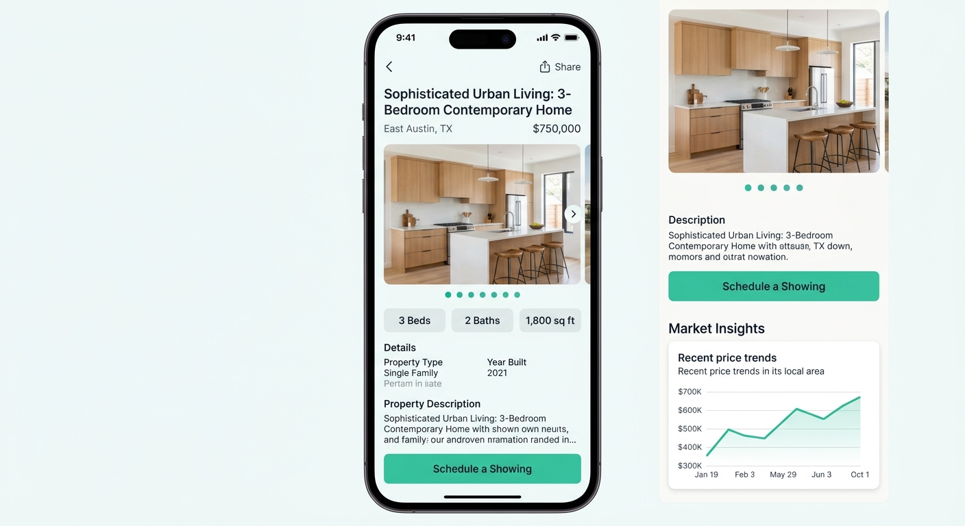 A mobile phone screen displaying a swipeable property photo carousel on an individual listing detail page, showing a kitchen photo with thumbnail navigation dots at the bottom