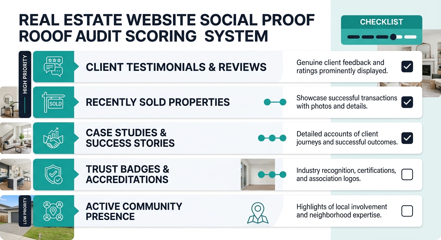 An infographic displaying the five-point social proof audit scoring system for real estate websites, with each criterion shown as a horizontal bar with an icon, a description, and a checkbox, organize