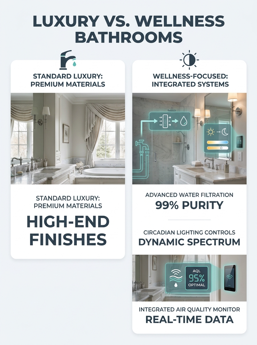 A side-by-side comparison of a standard luxury bathroom photo versus a wellness-focused photo showing water filtration specs overlay, circadian lighting controls, and air quality monitor display on th