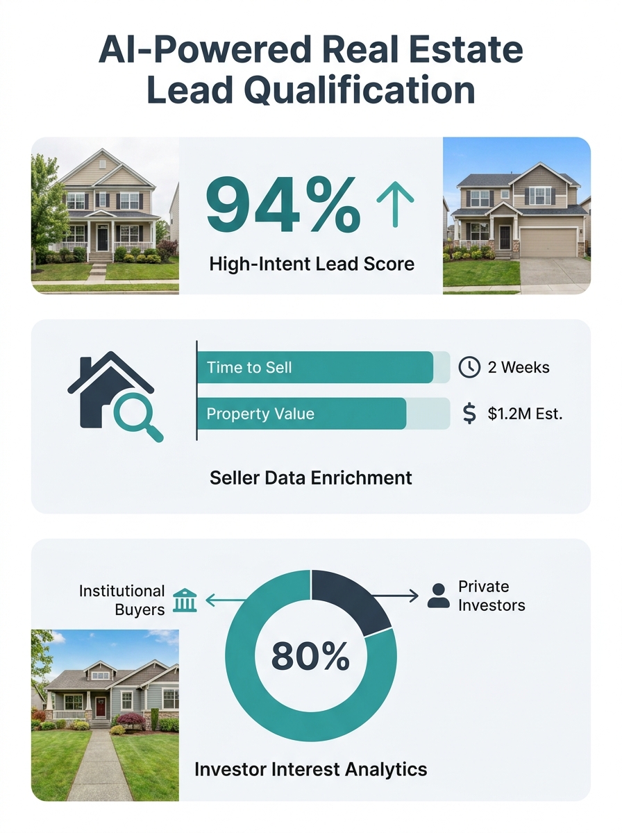 AI-powered real estate lead qualification dashboard showing seller data enrichment and investor analytics