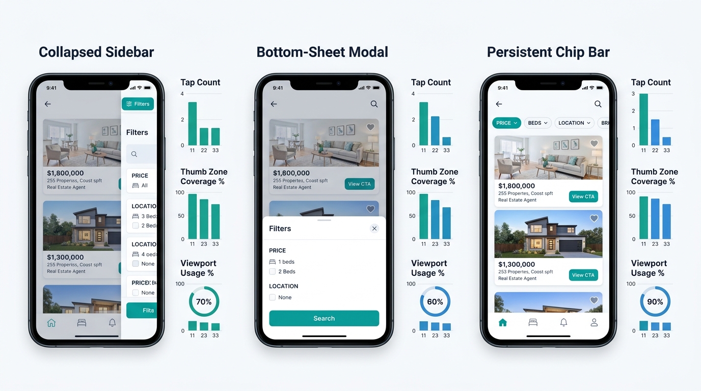 Infographic comparing three mobile filter architectures side by side on phone mockups, showing tap count, thumb zone coverage percentage, and viewport usage for collapsed sidebar versus bottom-sheet m