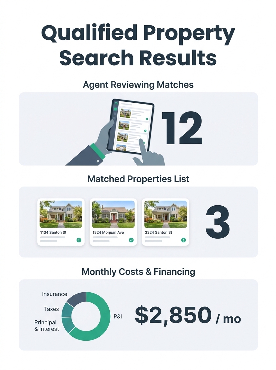 Real estate agent reviewing payment-qualified search results on tablet showing monthly costs and financing structures for matched properties