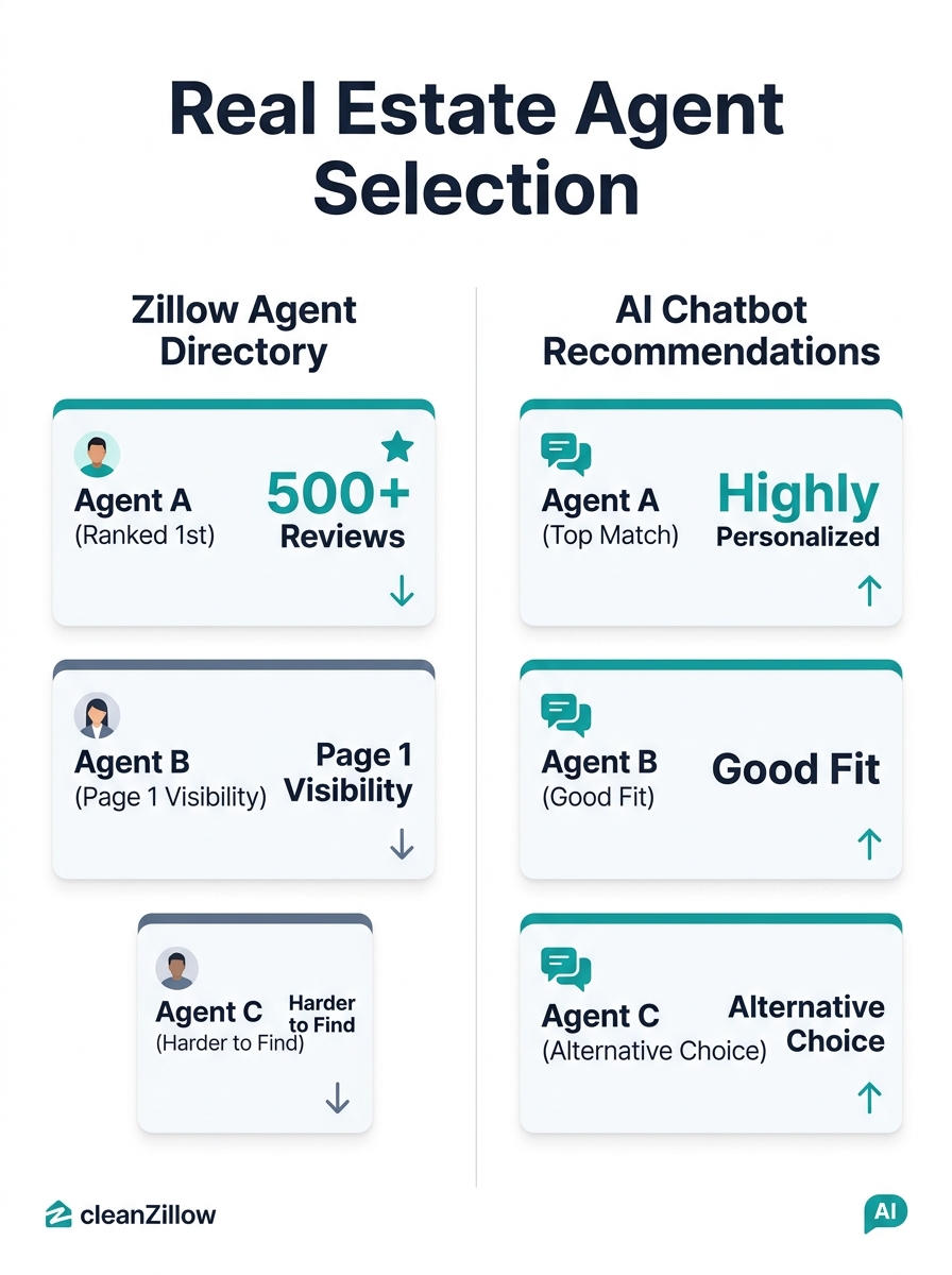 Split-screen comparison showing Zillow agent directory rankings on left and AI chatbot agent recommendations on right with identical names in same order