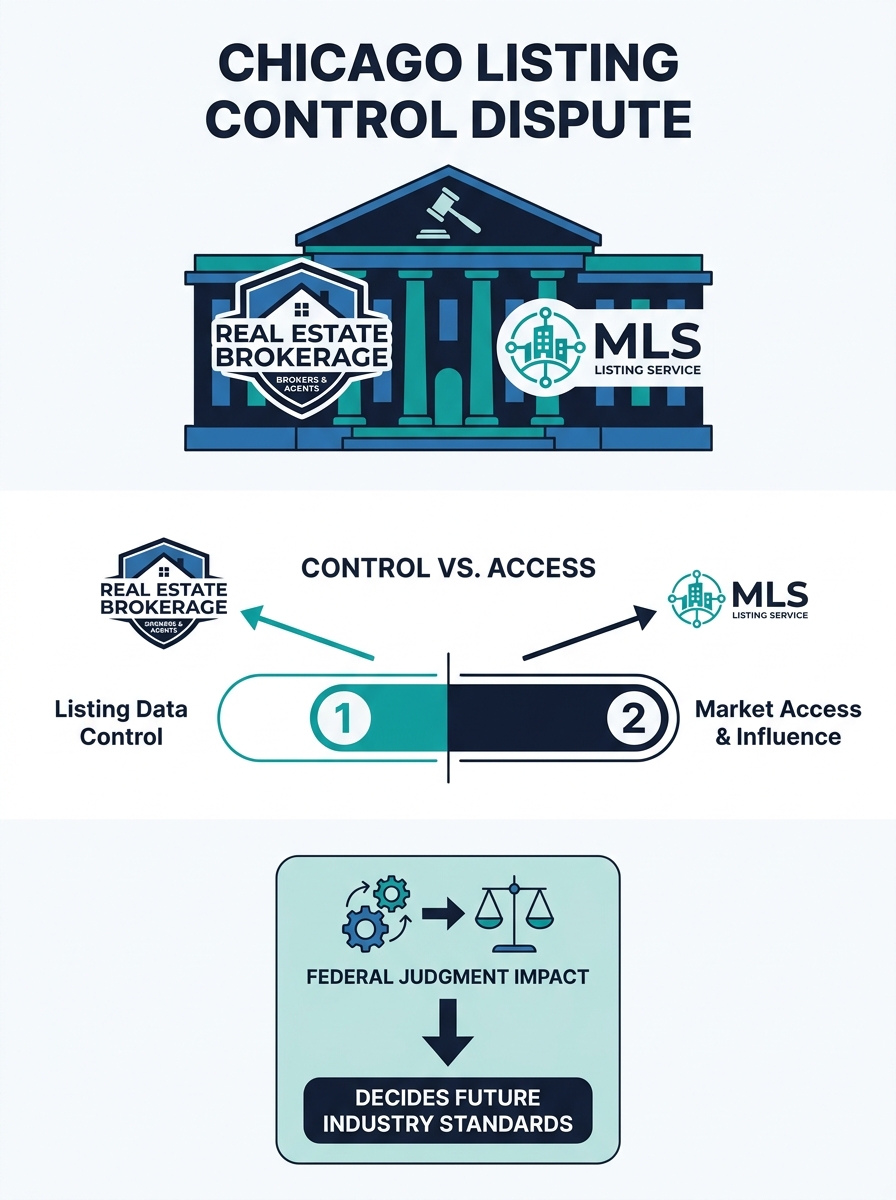Federal courthouse exterior with real estate brokerage and MLS logos overlaid, representing the Chicago listing-control legal dispute