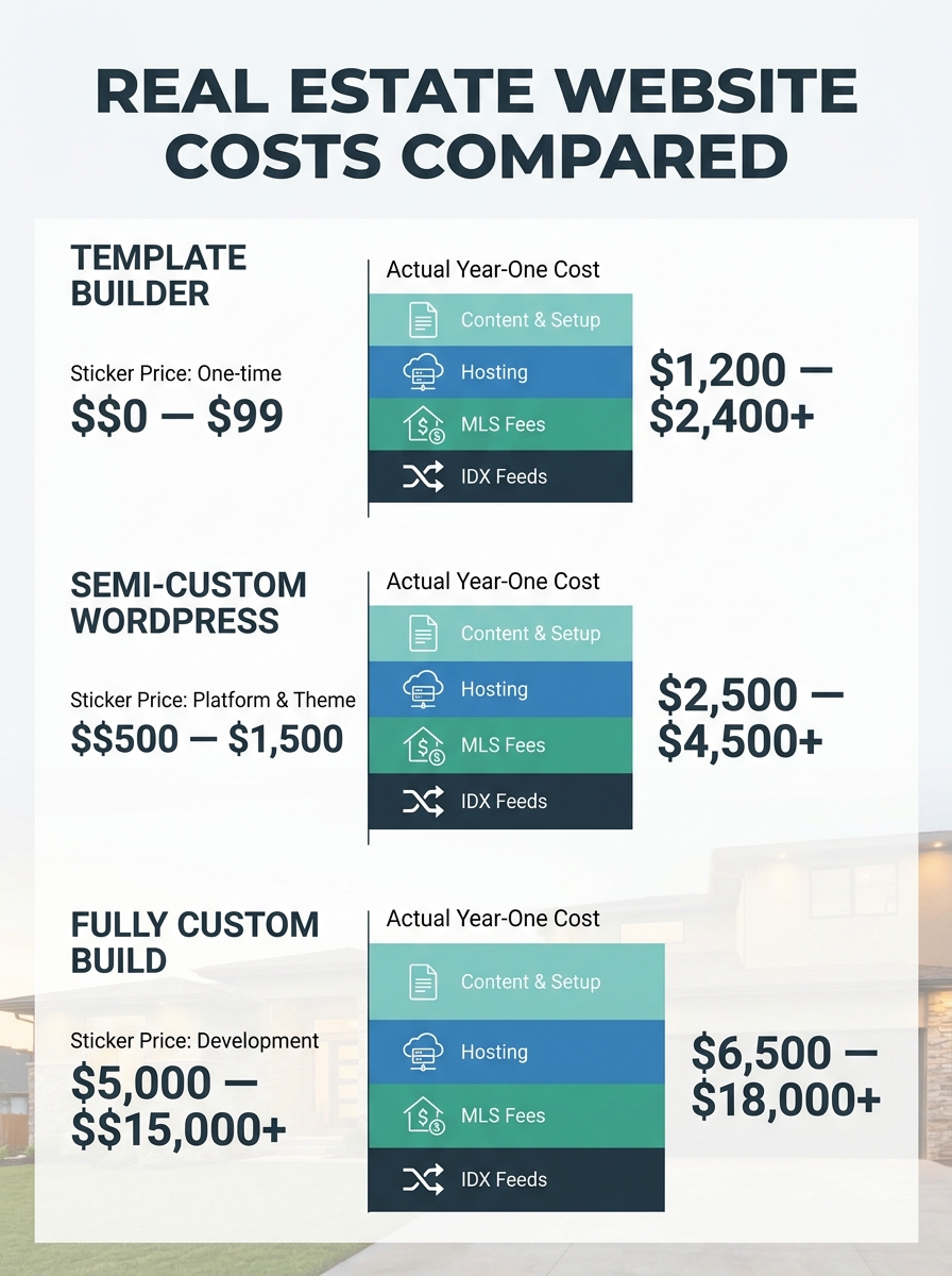 An infographic comparing three tiers of real estate website costs — template builder, semi-custom WordPress, and fully custom build — showing sticker price vs. actual year-one cost with IDX, MLS, host