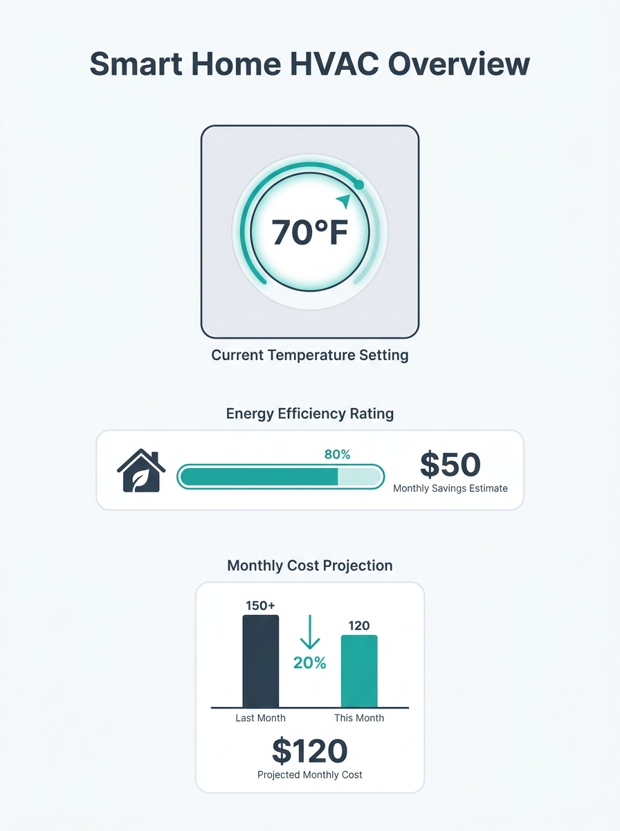 Modern home HVAC control panel with energy efficiency display showing temperature settings and monthly cost estimates