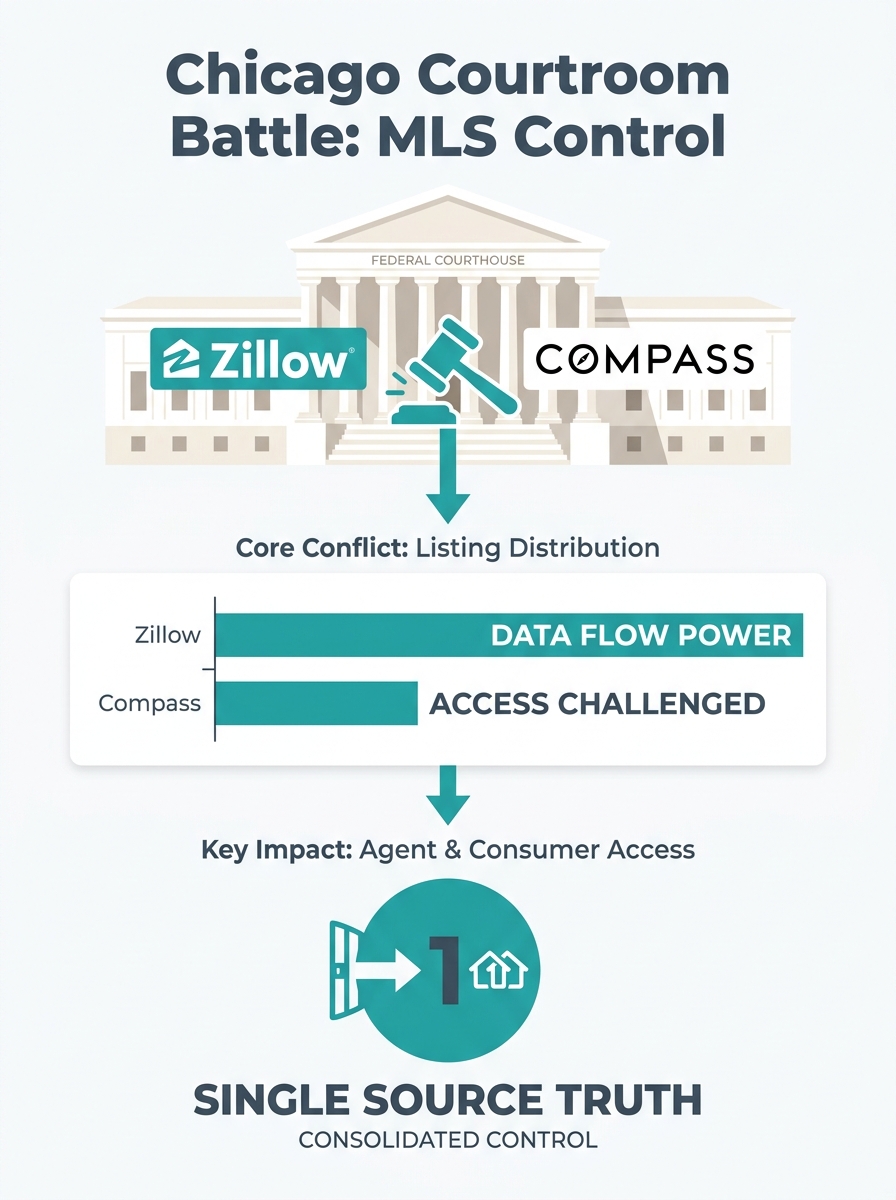 Federal courthouse exterior with Zillow and Compass logos overlaid, representing the Chicago courtroom battle over MLS listing distribution control