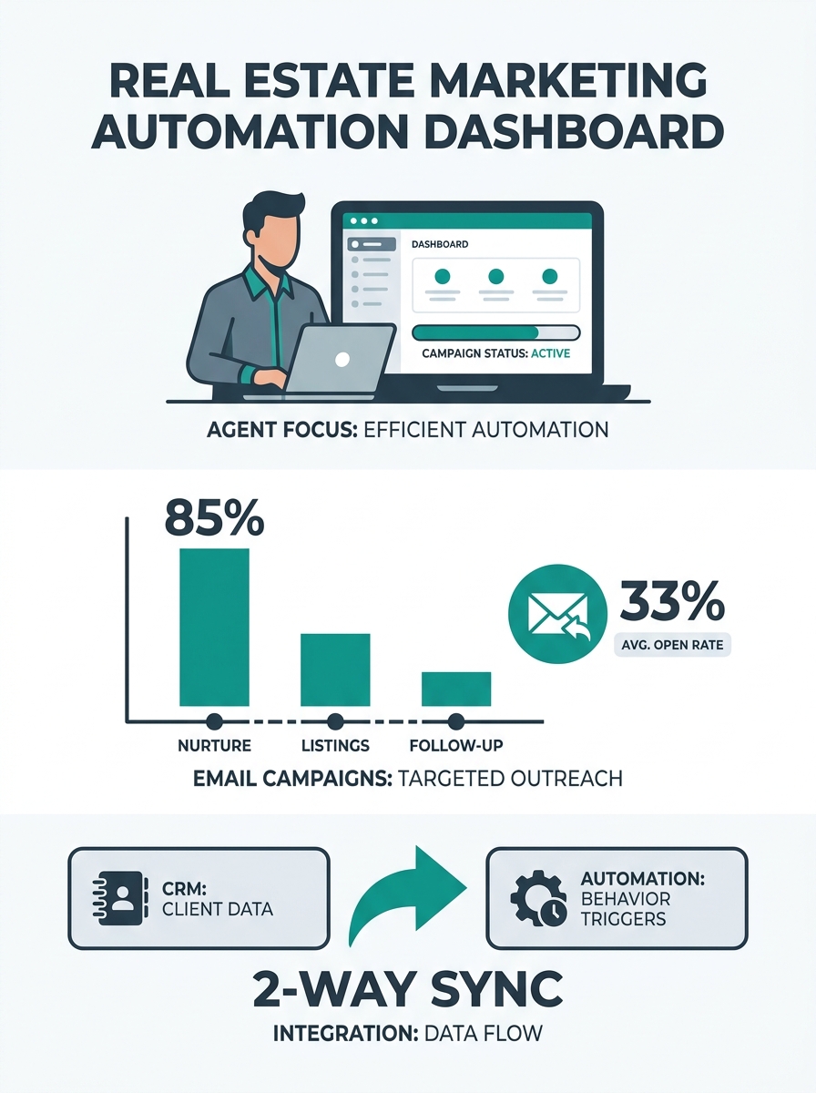 Real estate agent using laptop with marketing automation dashboard displaying email campaigns and CRM integration
