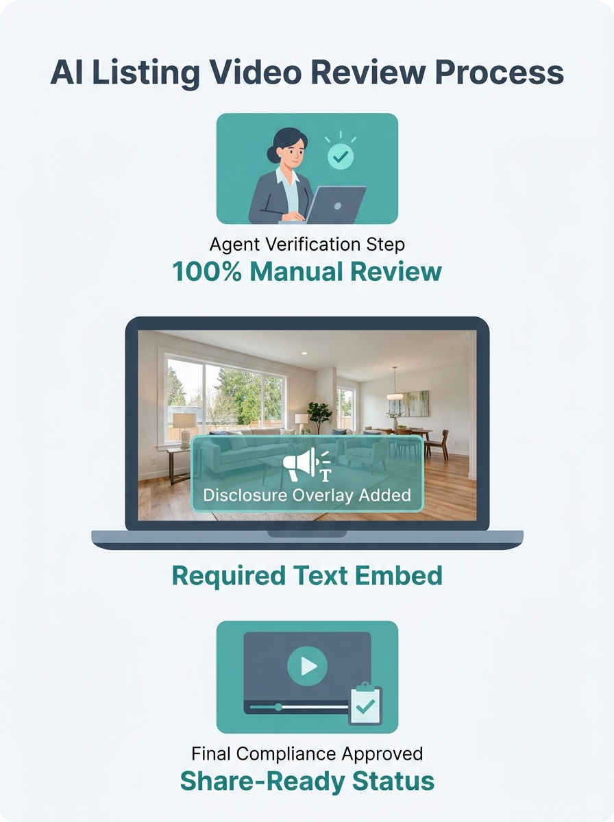 Real estate agent reviewing AI-generated listing video on laptop screen with disclosure text overlay visible