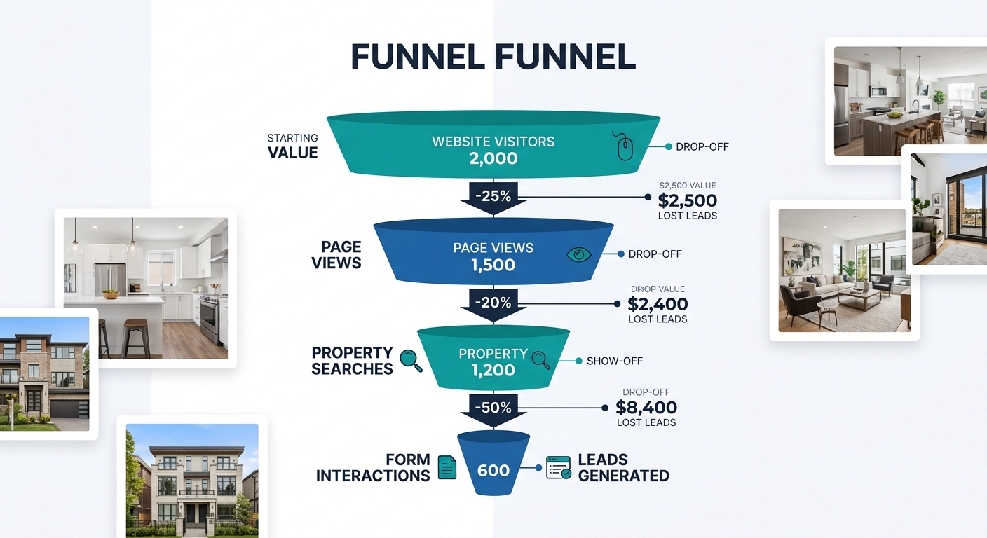 a funnel diagram showing 2,000 website visitors narrowing through page views, property searches, and form interactions, with percentage drop-off rates at each stage and dollar values assigned to lost