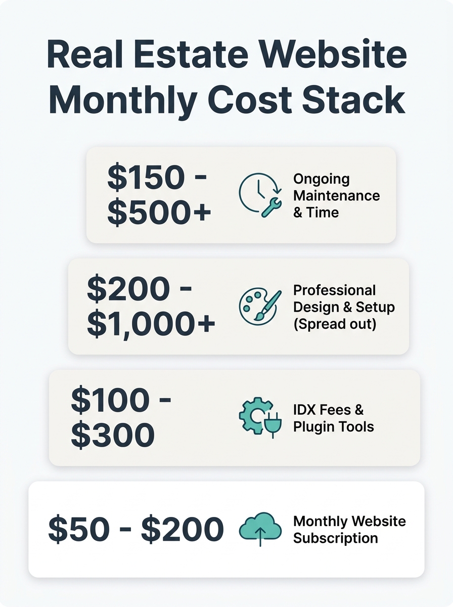 infographic showing a layered cost stack for a real estate website, with monthly subscription at the base and IDX fees, plugins, design work, time investment, and maintenance stacked above it, each la