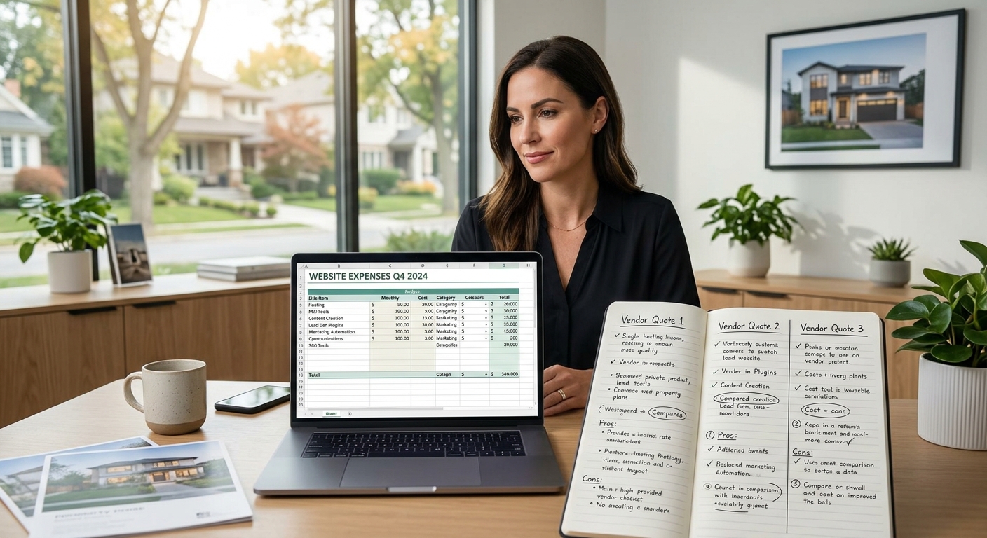 A real estate agent at a desk reviewing a detailed spreadsheet of website expenses on a laptop screen, with handwritten notes comparing three vendor quotes side by side