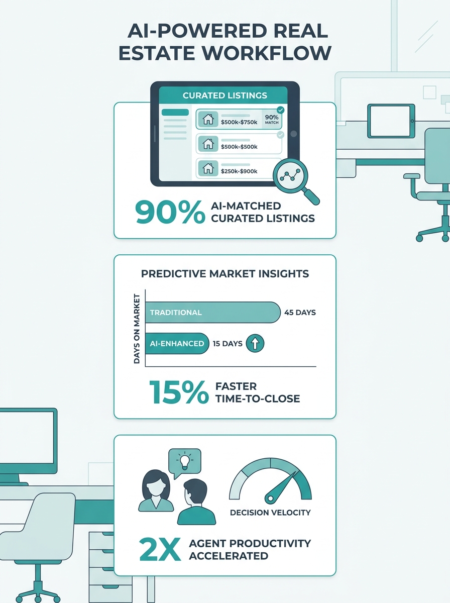 Real estate agents reviewing digital platform interface showing property listings and AI-powered analytics tools on tablet screens in modern office
