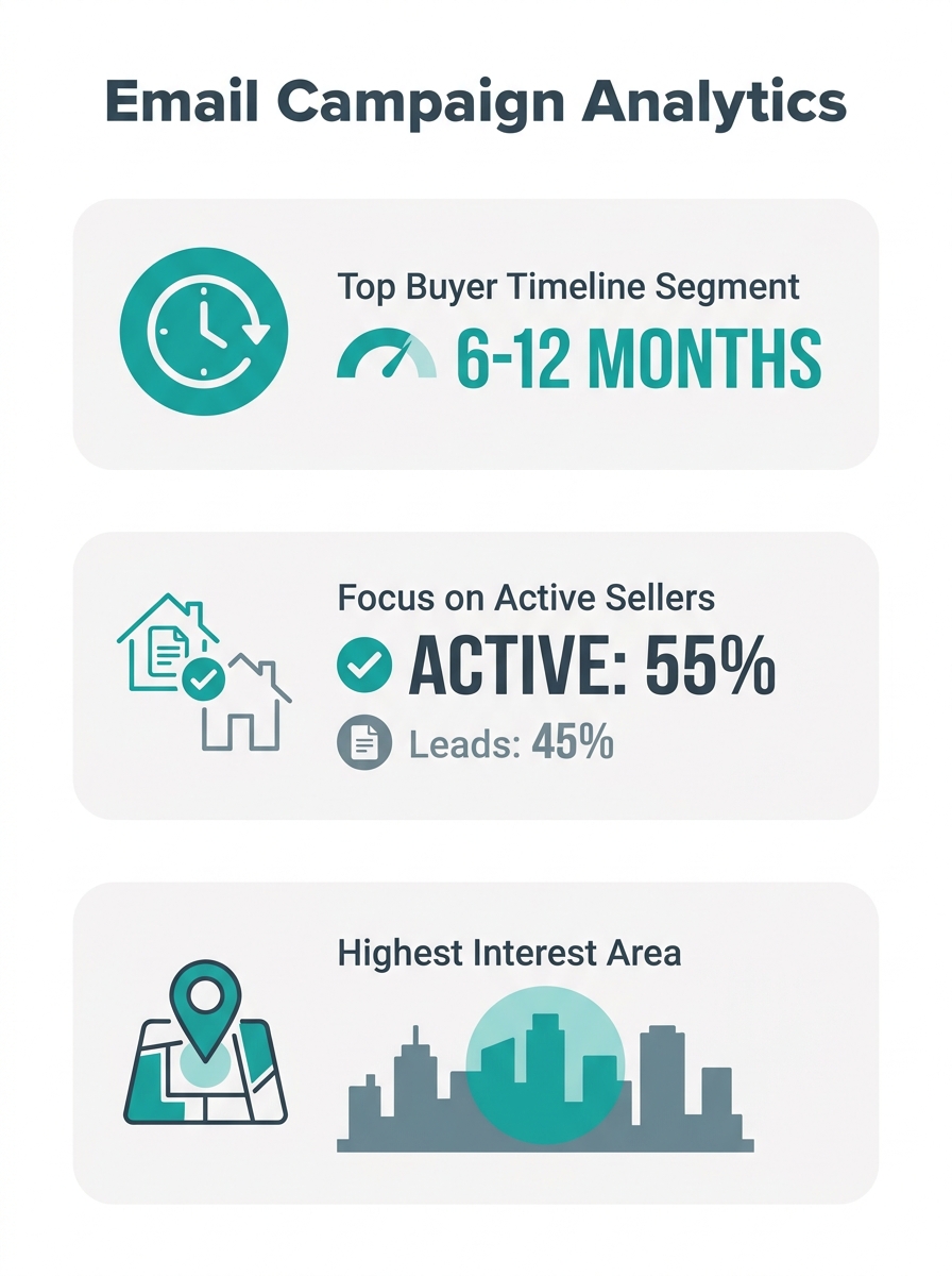 Real estate agent reviewing email campaign analytics dashboard showing segmented contact lists organized by buyer timeline, seller status, and geographic interest area
