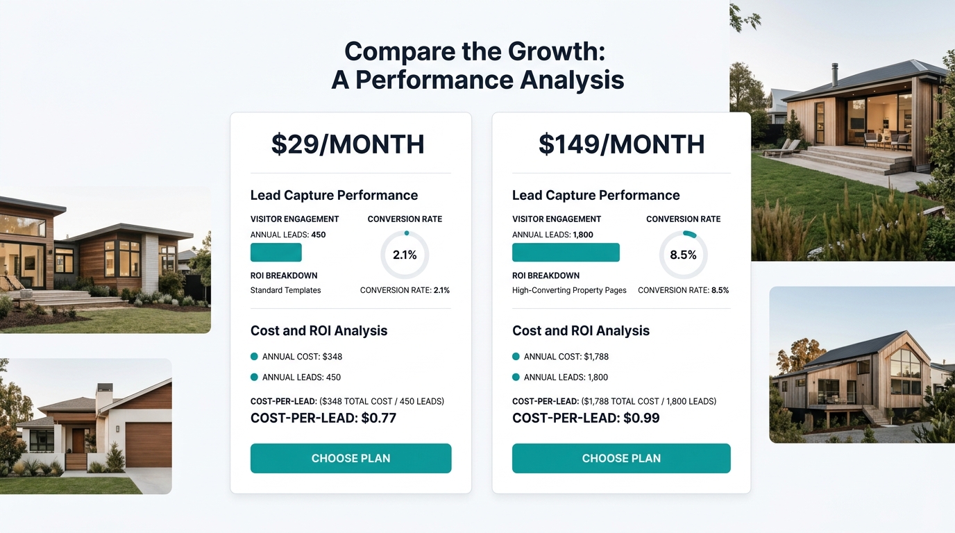 side-by-side comparison chart showing two website builders, one at $29/month and one at $149/month, with conversion rates, annual lead counts, and cost-per-lead calculations displayed for each