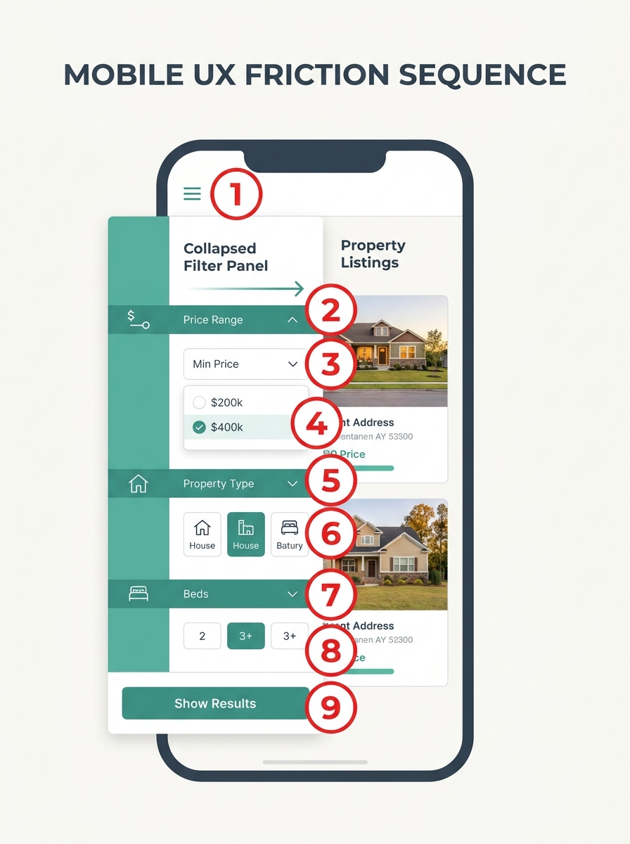 Diagram showing a mobile phone screen with a collapsed sidebar filter panel sliding in from the left, overlaying property listings, with numbered red circles at each of the 9 friction points in the ta