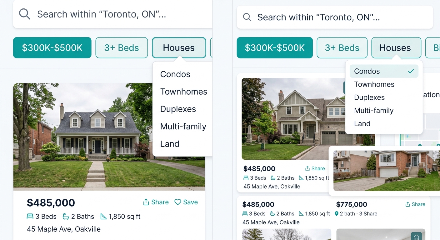 Mobile phone screen showing a persistent horizontal filter chip bar with chips reading $300K-$500K, 3+ Beds, and Houses below a search header, with property listing cards visible beneath and a small d