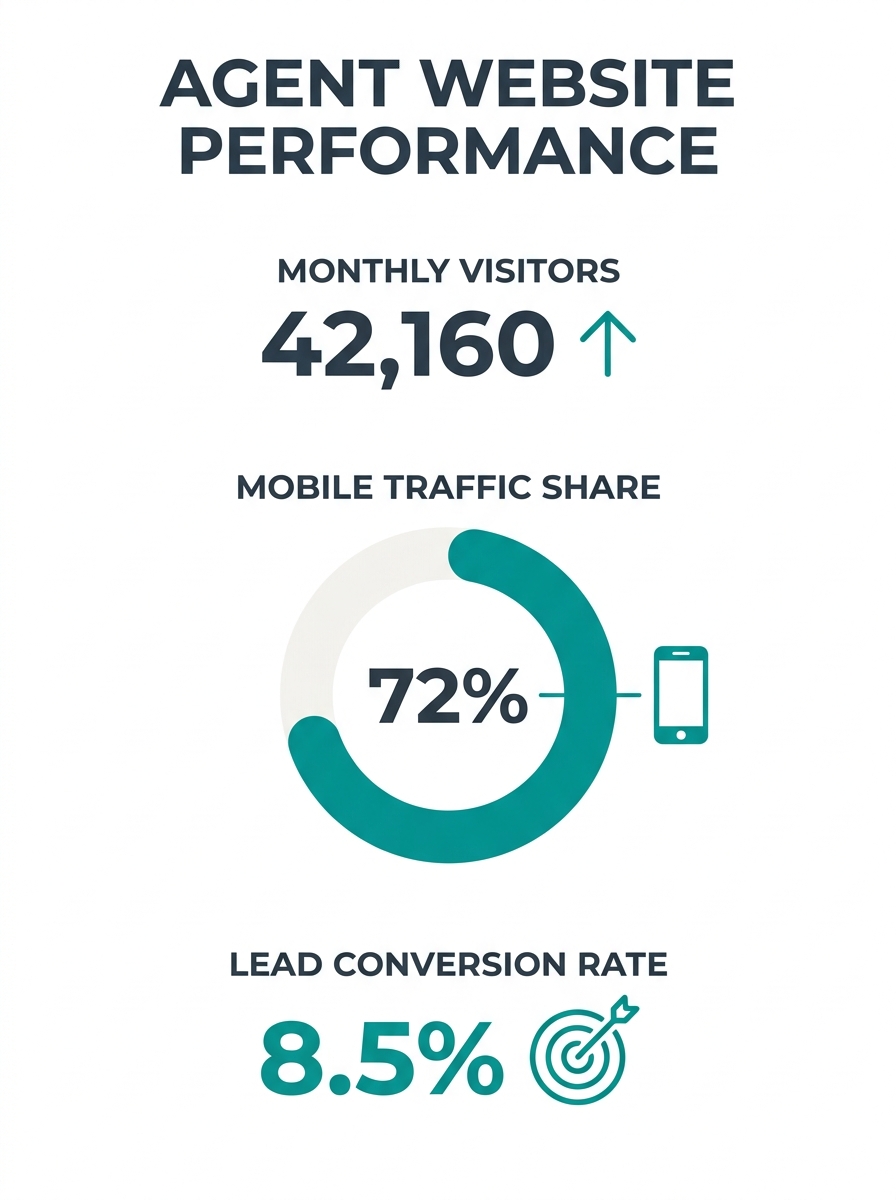 Real estate agent reviewing website analytics dashboard showing mobile traffic and lead conversion metrics