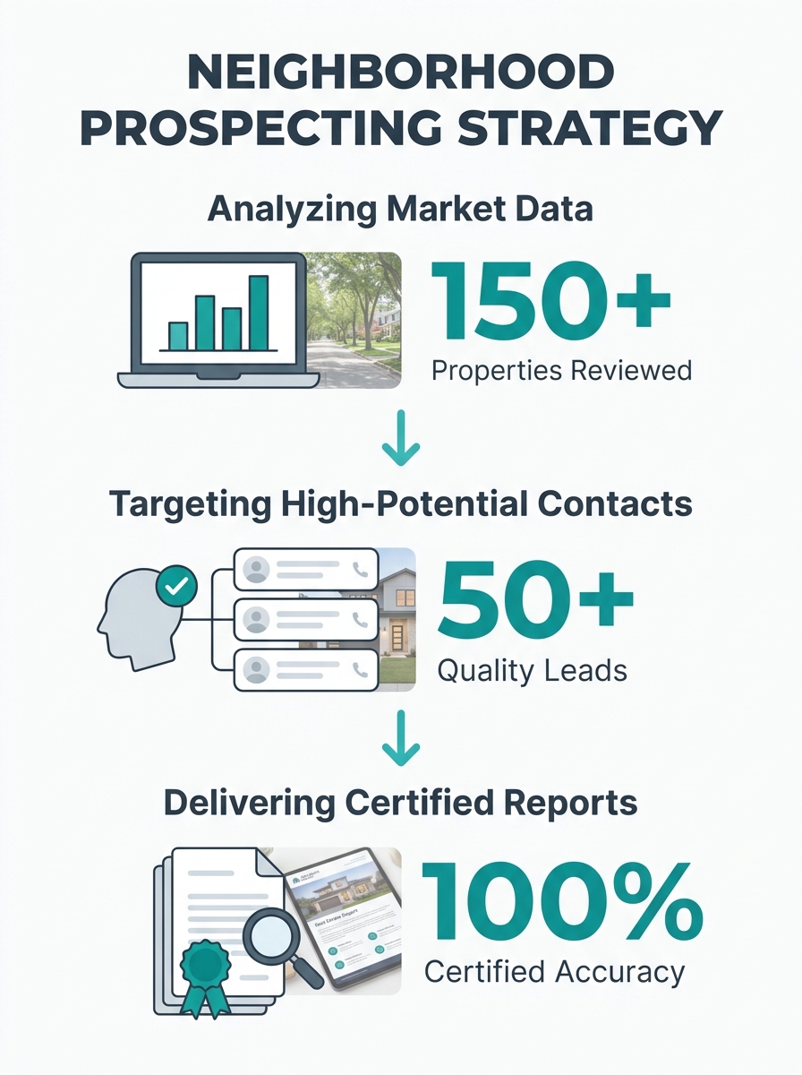 Real estate agent reviewing neighborhood property data on laptop while preparing farm area prospecting list with contact details and market report certificates