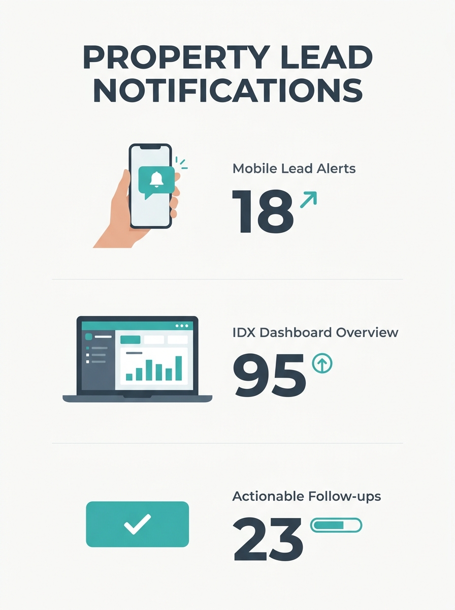 Real estate agent reviewing property lead notifications on mobile device with IDX Broker dashboard visible on laptop screen