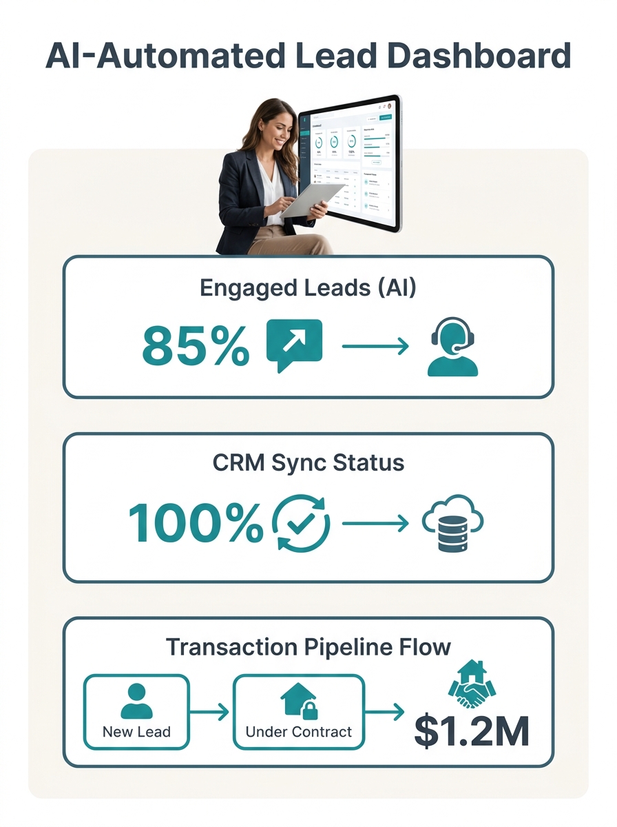Real estate agent reviewing AI-automated lead follow-up dashboard showing CRM integration and transaction pipeline