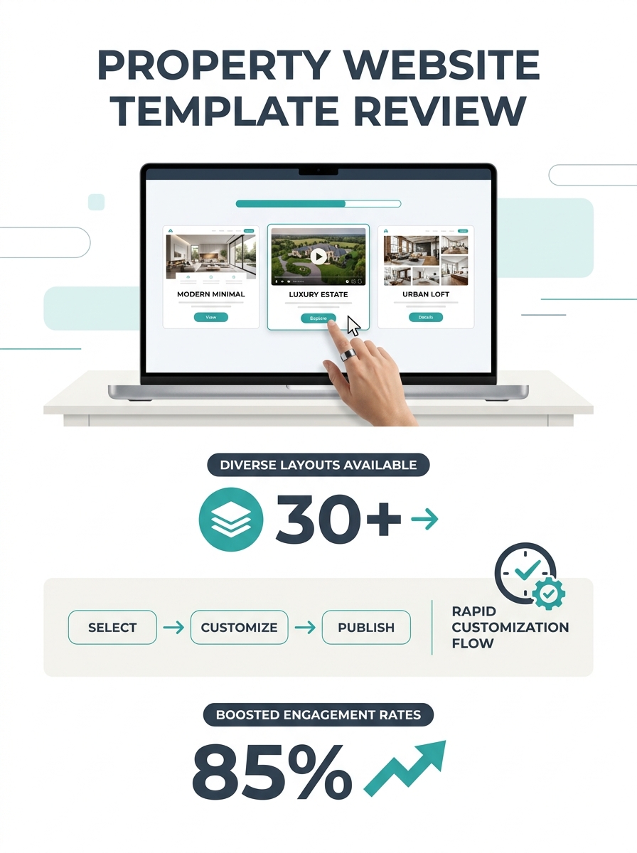 Real estate agent reviewing single property website templates on laptop screen with multiple design mockups visible