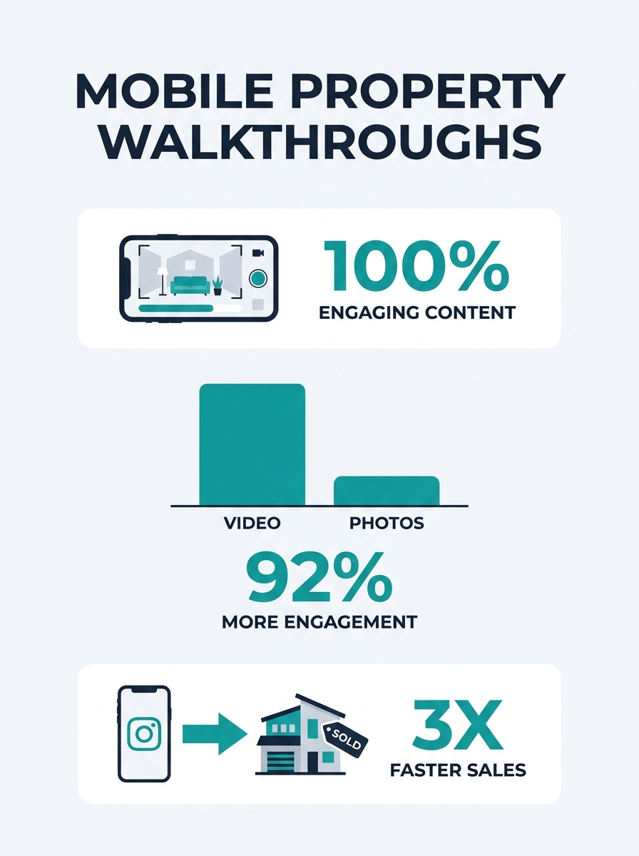 Real estate agent filming property walkthrough on smartphone for Instagram content