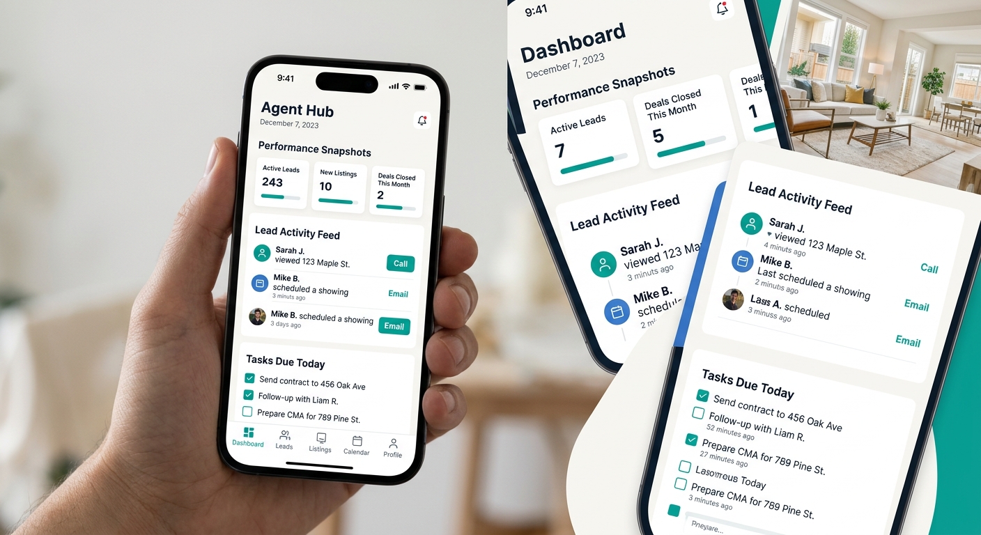 Mobile phone displaying real estate CRM dashboard with lead activity notifications and task list