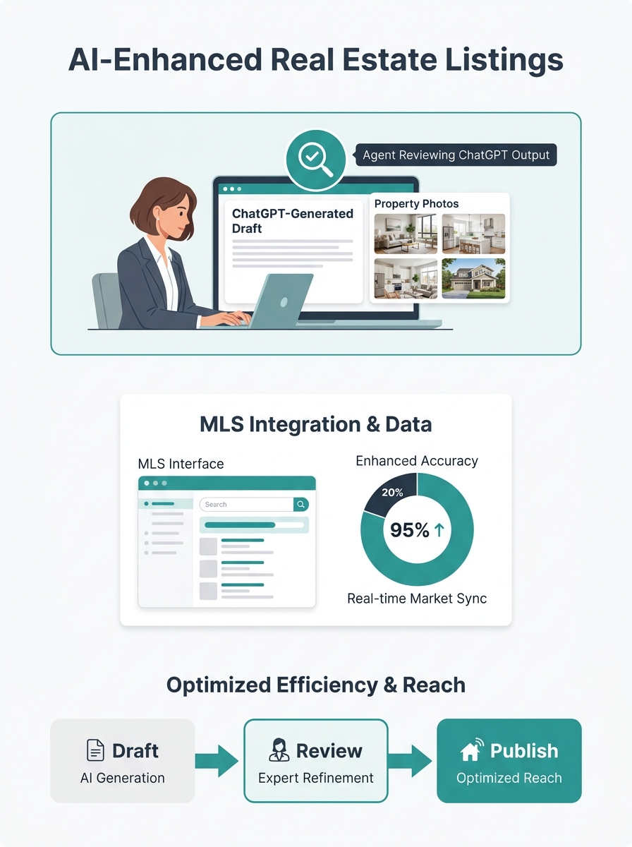 Real estate agent reviewing ChatGPT-generated listing description on laptop screen with property photos and MLS interface visible