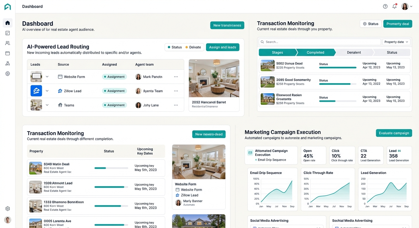 AI workflow dashboard showing automated lead routing, transaction monitoring, and marketing campaign execution across integrated real estate software stack