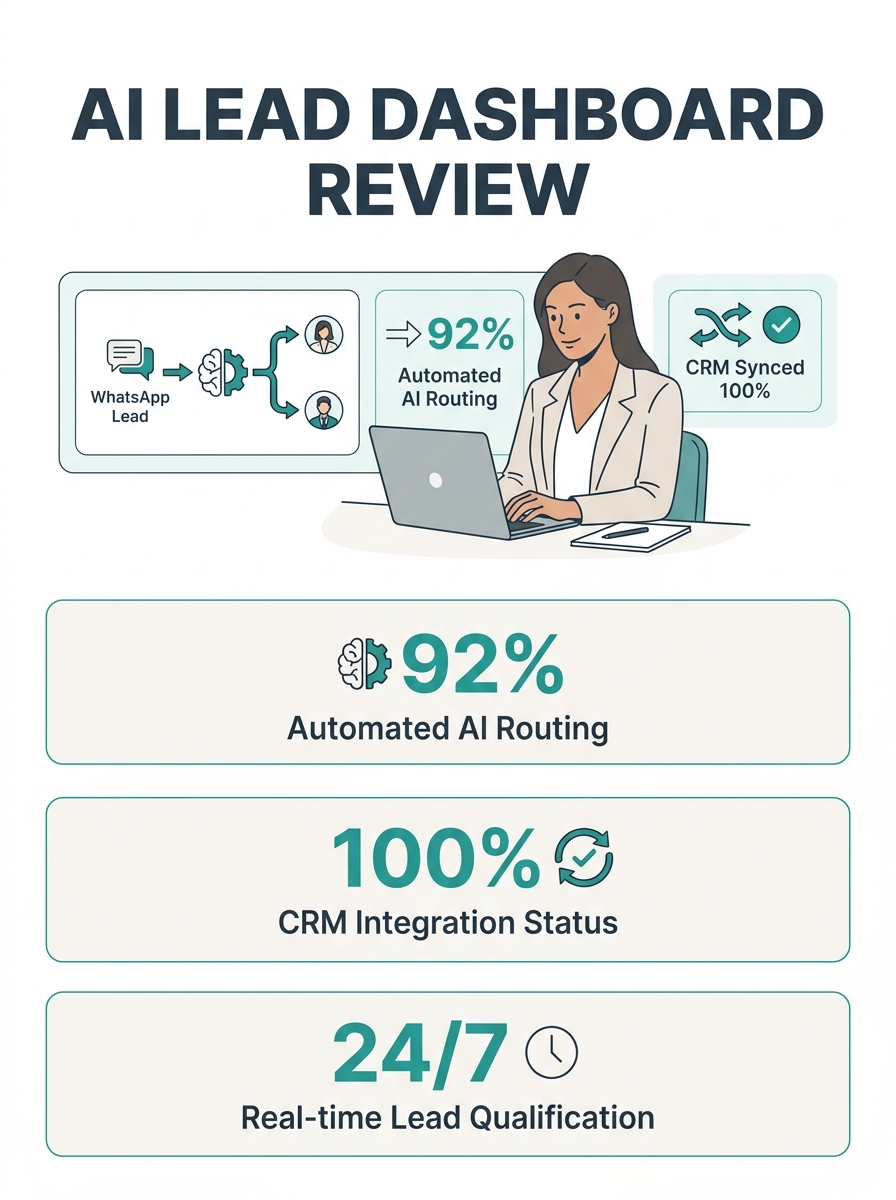 Real estate agent reviewing WhatsApp lead qualification dashboard on laptop showing AI routing metrics and CRM sync status